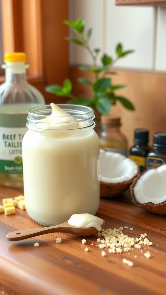 A jar of creamy homemade beef tallow lotion with natural ingredients on a wooden countertop.